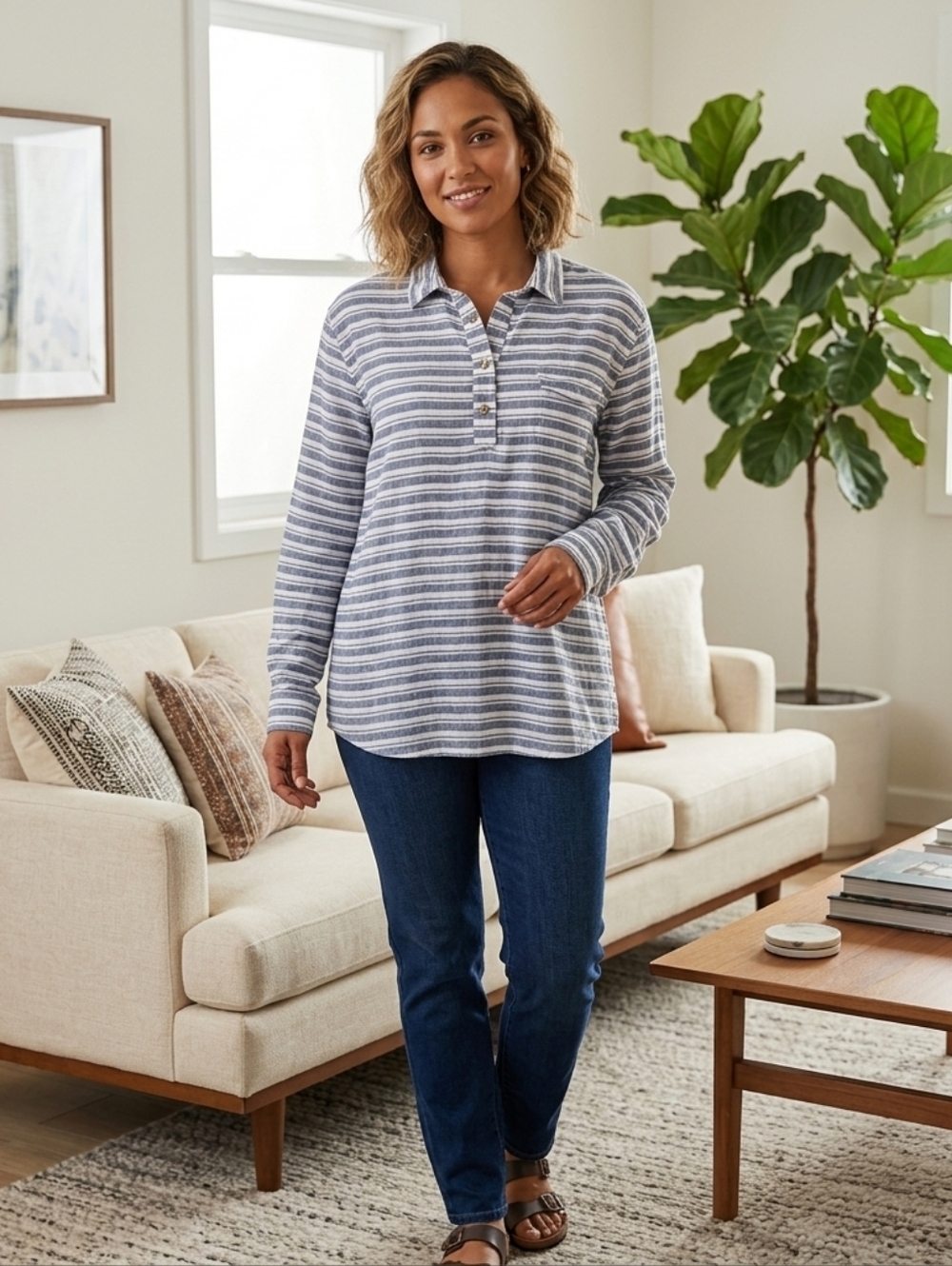 Marine Layer Stripe Cotton Popover Tunic Lge Pocket Beachcore Cruise Casual Boho